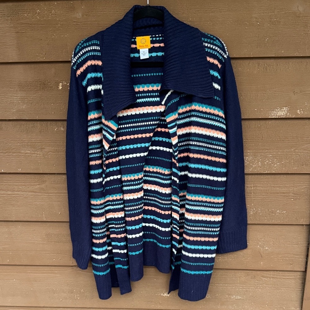 Ruby Rd. Navy Striped Knit Open Fromt Cardigan with Peach and Teal size XL